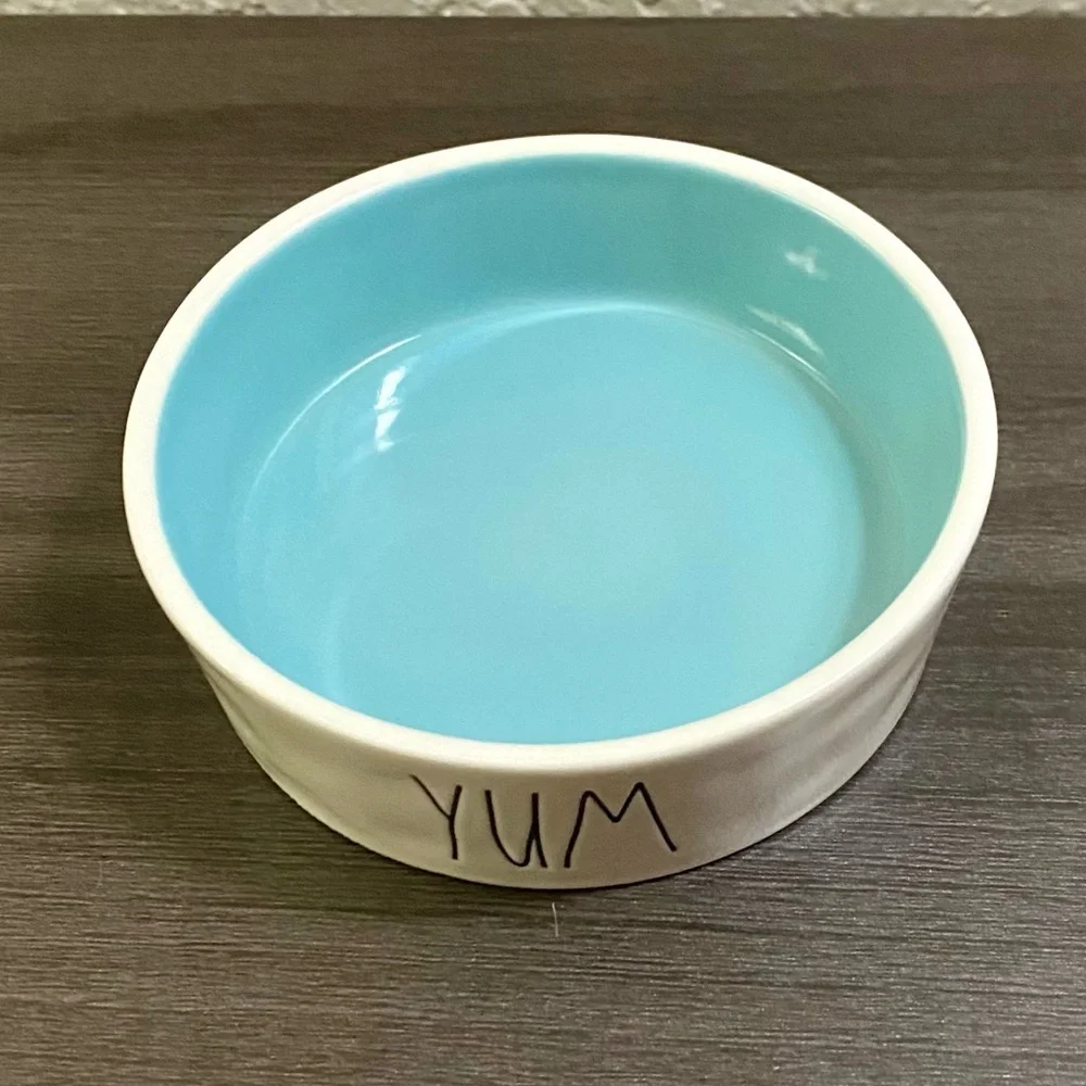 Rae Dunn Yum Pet Dish White Blue